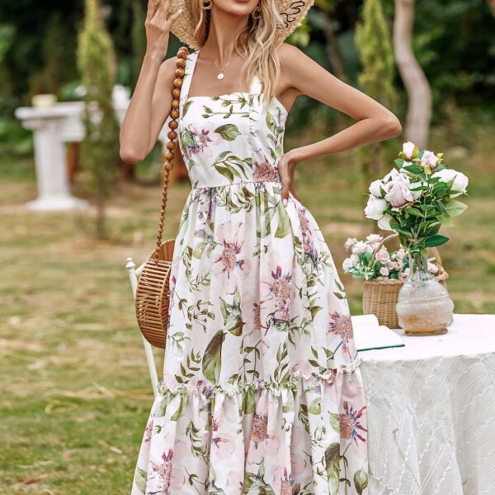 CottageCore FLoral Print Maxi Dress Pink - Picture 9 of 13